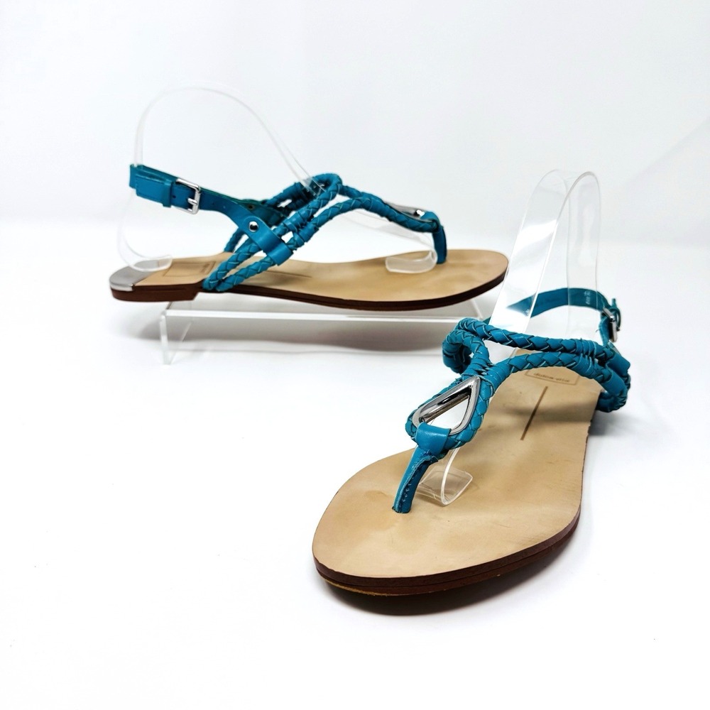 DV Dolce Vita Sandals Women 10 Blue Leather Braided Thong T Strap Flat Gladiator
